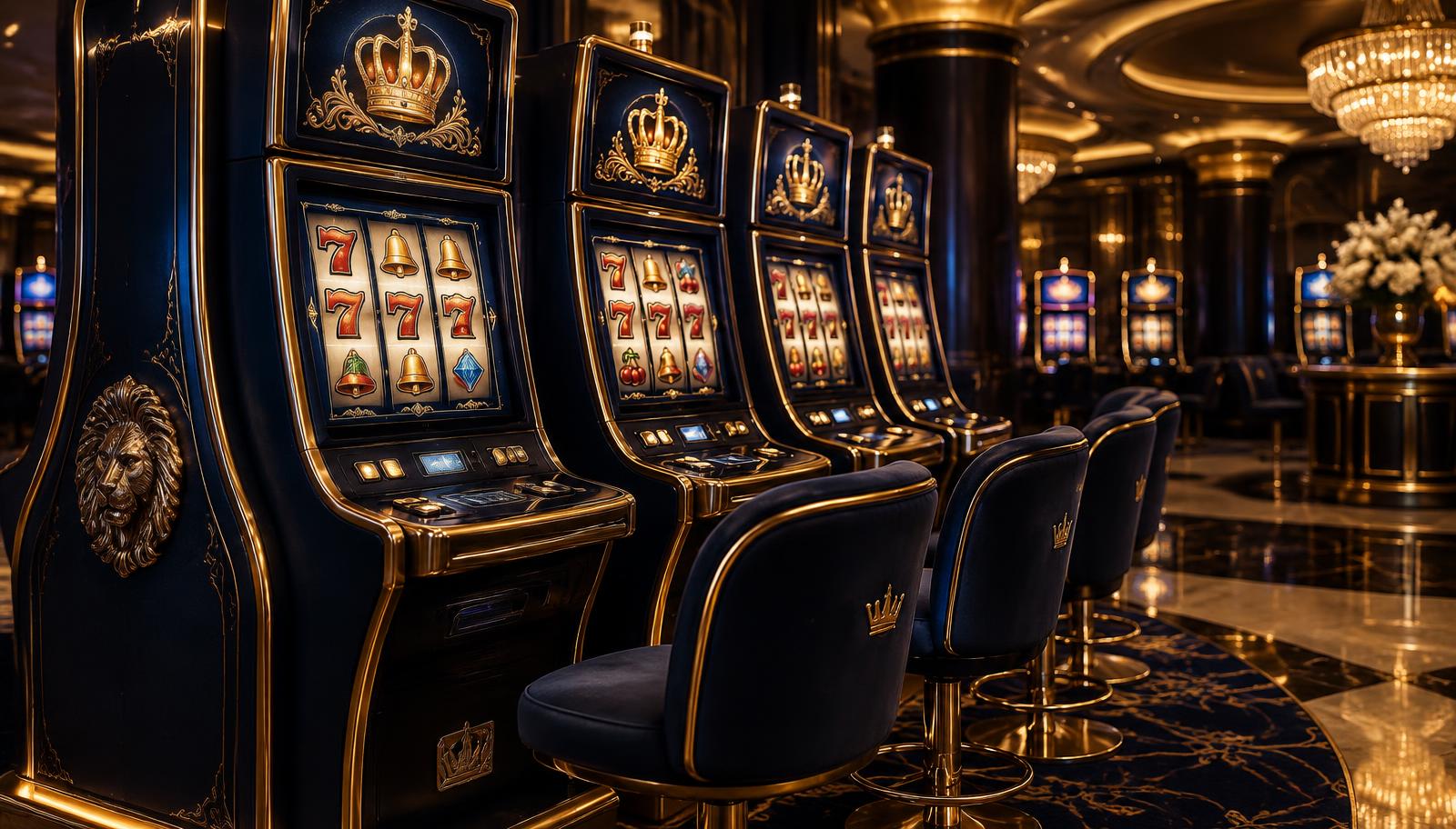 Row of premium navy-and-gold slot machines on a casino floor
